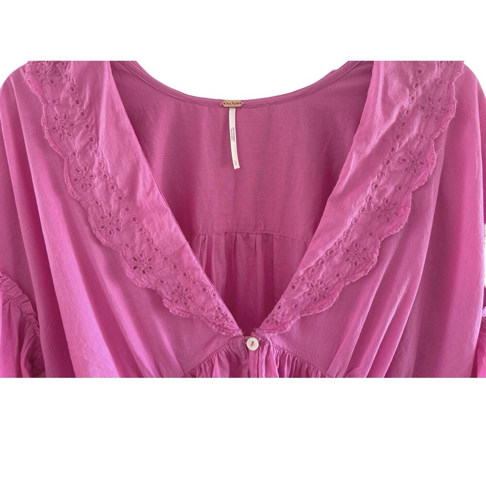Free People Bella Blouse Cutwork Boho Cottage Hippie Fiji Flower Pink Top Large - Picture 4 of 13